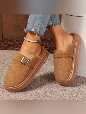 Cozy Buckle Platform Slippers | Warm Fleece House Mules Soft Plush Slip-On Clogs
